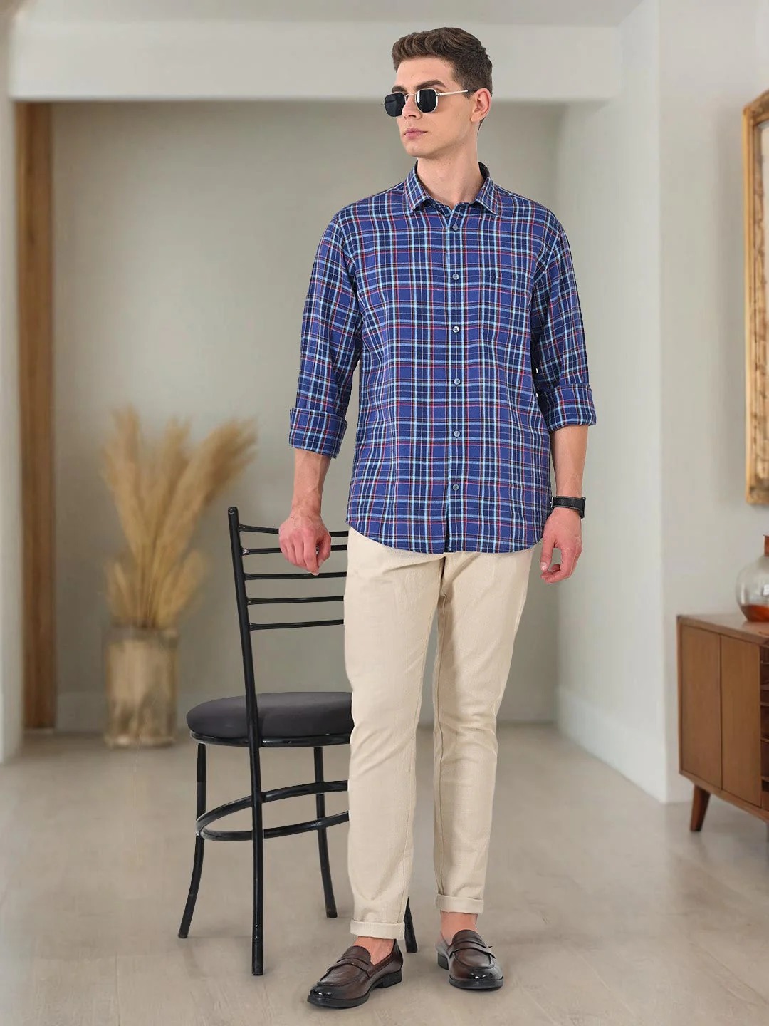 Indian Terrain Men's Regular Fit Full Sleeve Checkered Navy Shirt